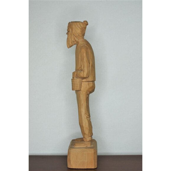 Vintage Hand Carved Wood Sculpture Quebec T. Picard 13" Bearded Man With Basket - Picture 3 of 8